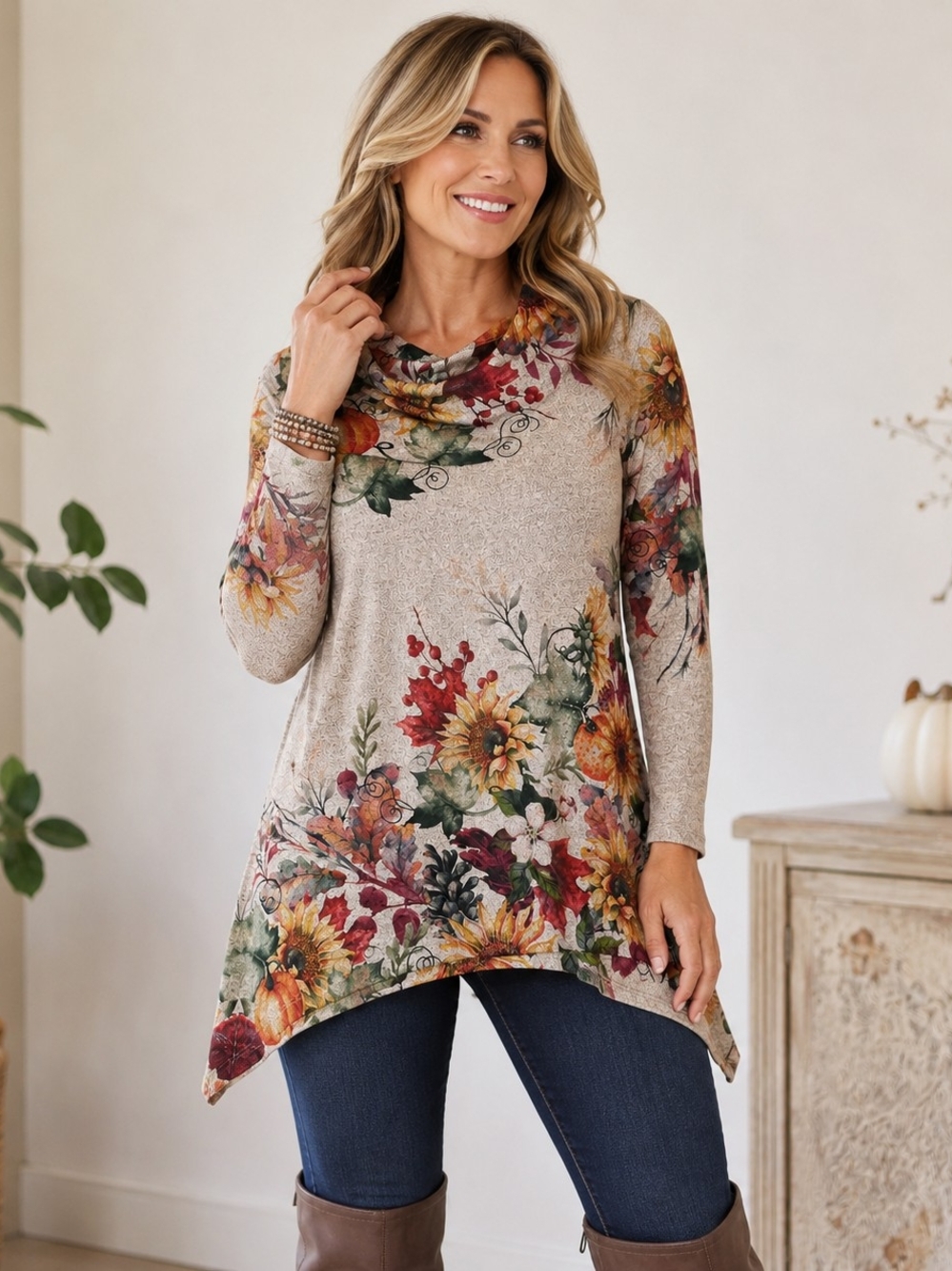 Cactus + Pearl Women’s Large Fall Floral Pumpkin Rhinestone Cowl Neck Tunic Top